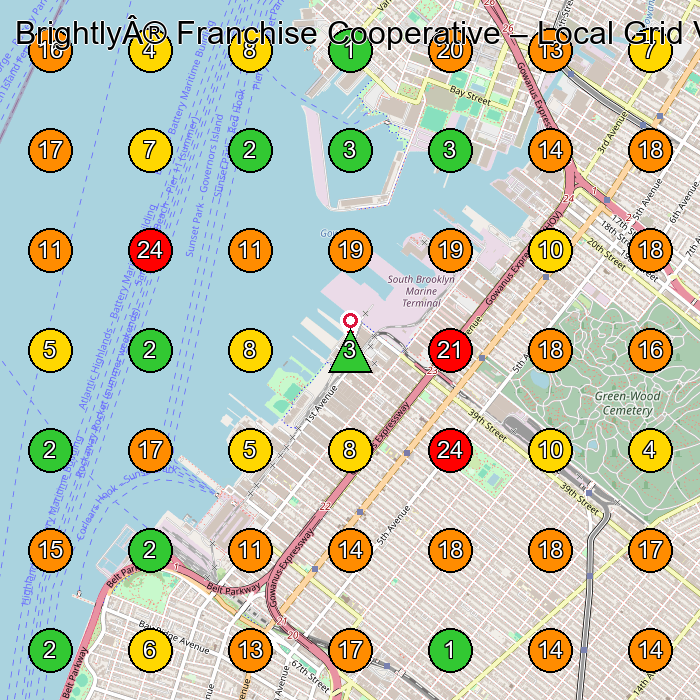 Brightly® Franchise Cooperative Commercial Cleaning Service GeoGrid ranking map for Brooklyn NY